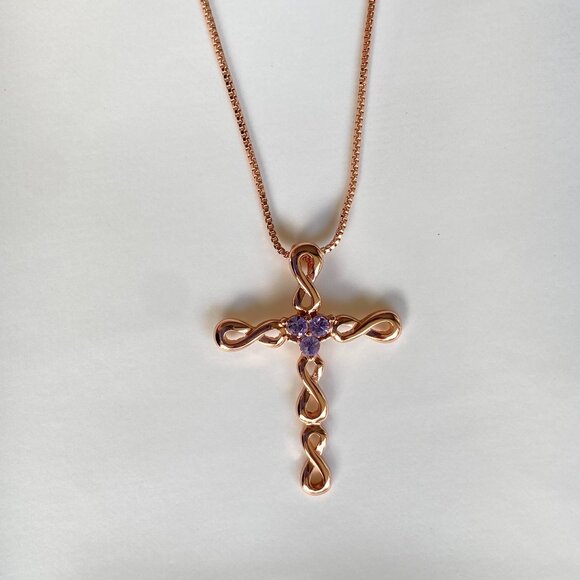 Butler Rose Gold Tone Infinity Amethyst Cross Necklace - Picture 1 of 7